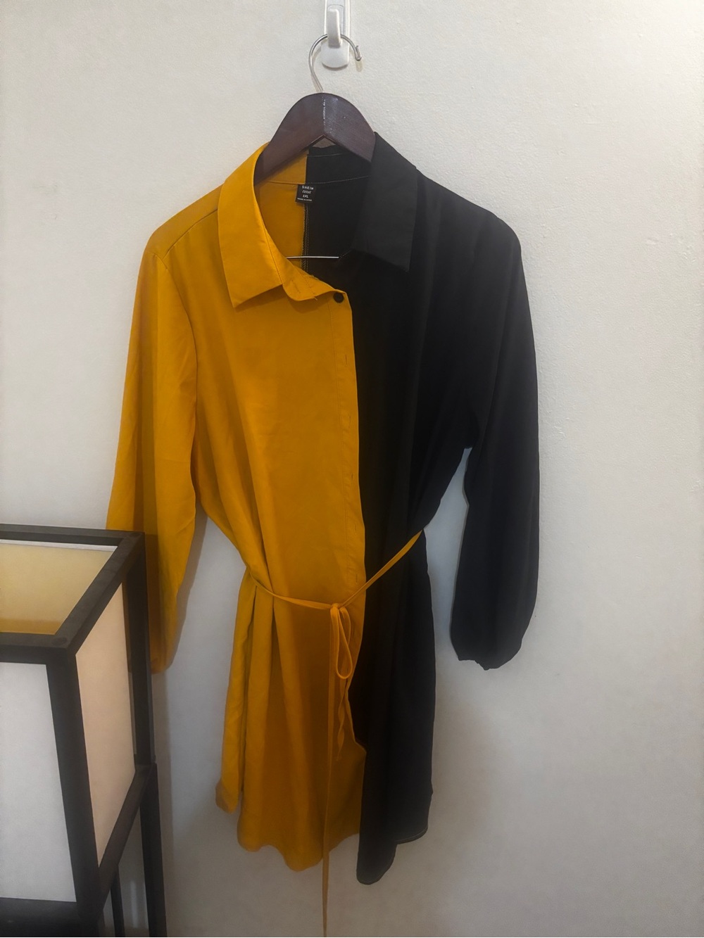 SHEIN Two-Tone Mustard Yellow and Black Waist-Tie Shirt Dress